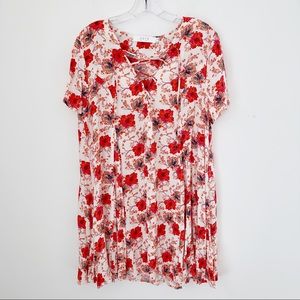 ASTR Floral Shift Dress Lace Up V Neck Cap Sleeve Red Cream Flowly Lightweight